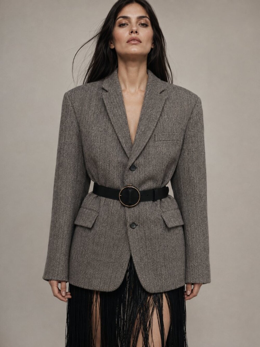 Wool Altinyildiz Proportion Play Brown Gray Tailored Blazer Power Dressing